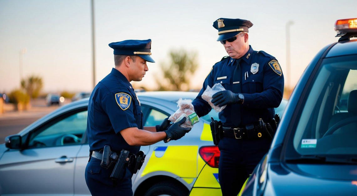 A police officer confiscating drugs from a car during a traffic stop in Arizona